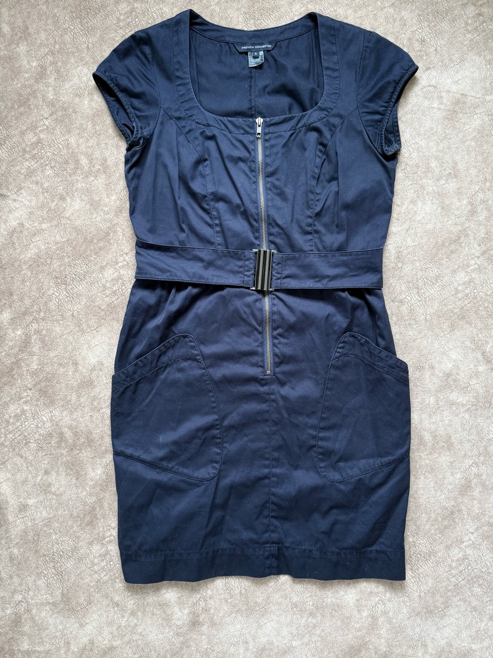 French Connection Navy Blue Sheath Dress Belted Zip Front Size‎ 8